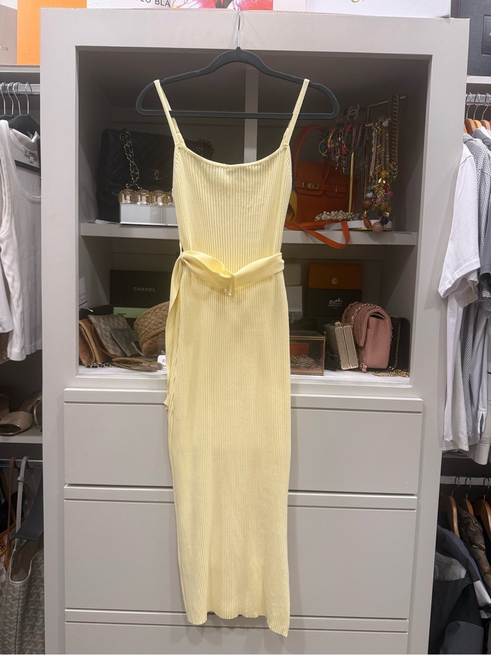 Sleeveless Yellow Ribbed Midi Dress with Waist Tie